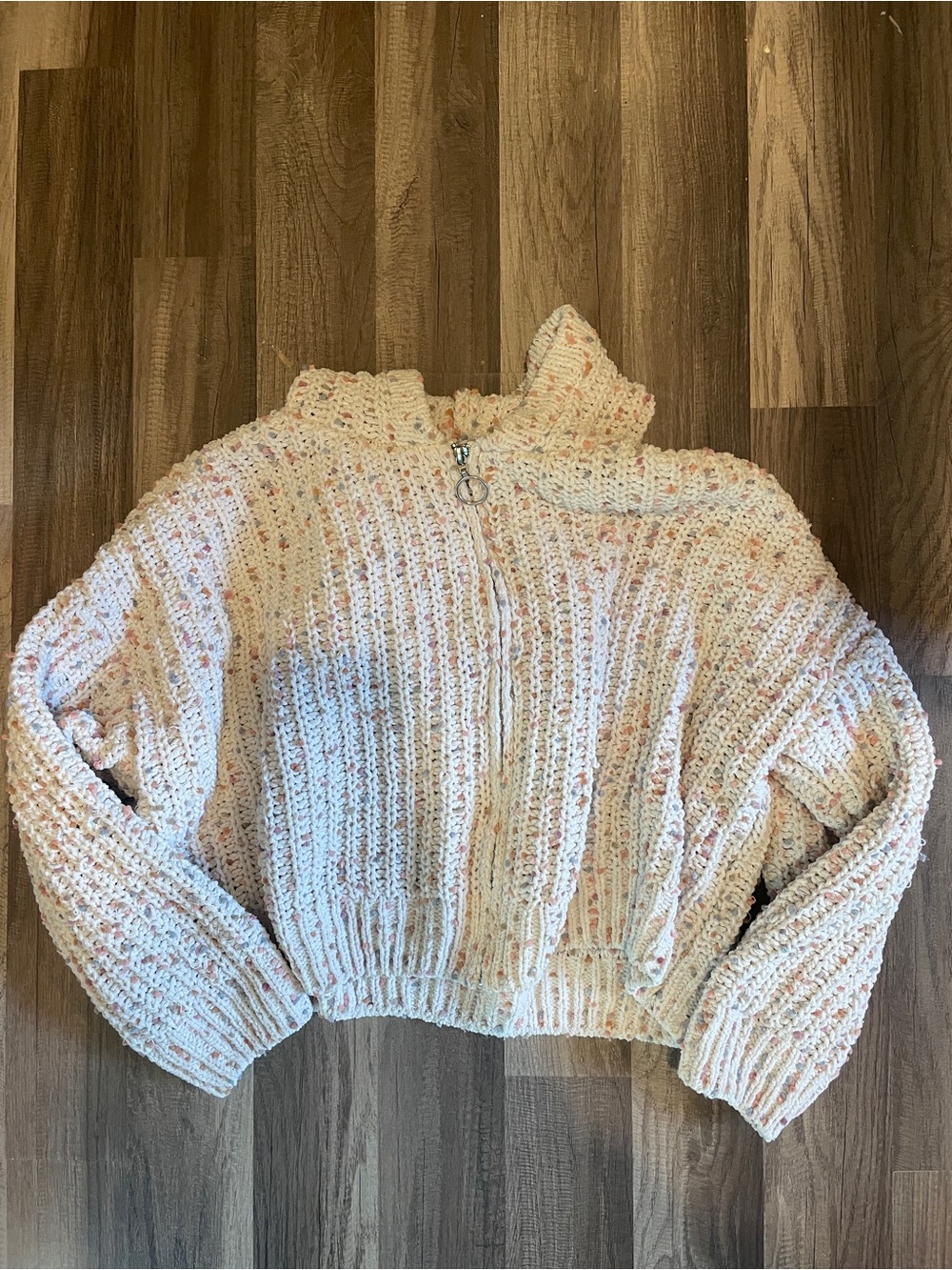 Chunky Cropped Cream Zip-Up Confetti Knit Sweater